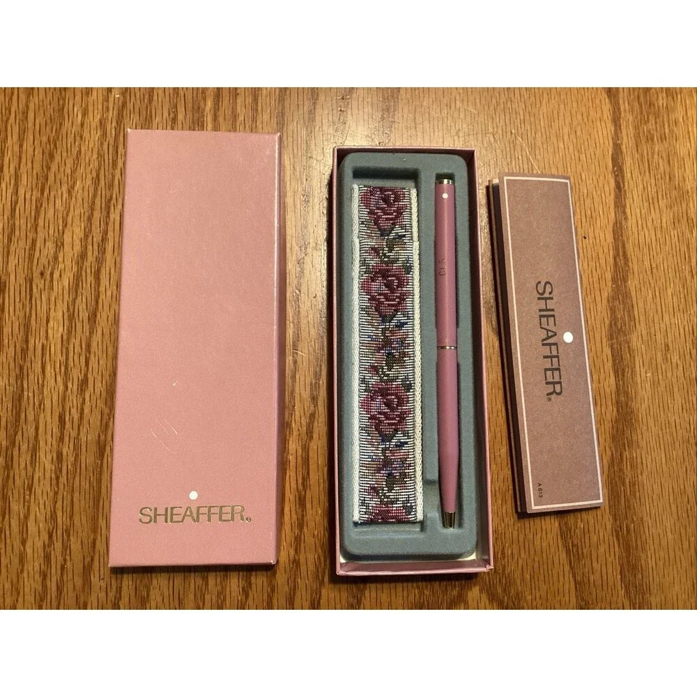 vtg sheaffer dusty rose pink white dot ladies pen tapestry case and case and box